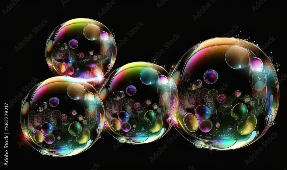 Poster a group of soap bubbles floating on top of a black surface with bubbles floating on top of them and 