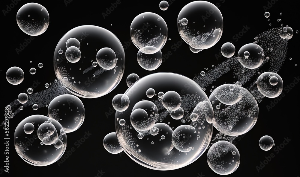 Poster a bunch of soap bubbles floating in the air on a black background with a black back ground and a bla