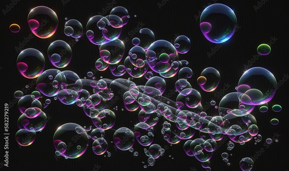 Poster a bunch of soap bubbles floating in the air on a black background with a black background and a blac