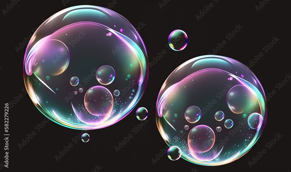 Poster two soap bubbles floating on a black background with bubbles floating in the air and on top of the b