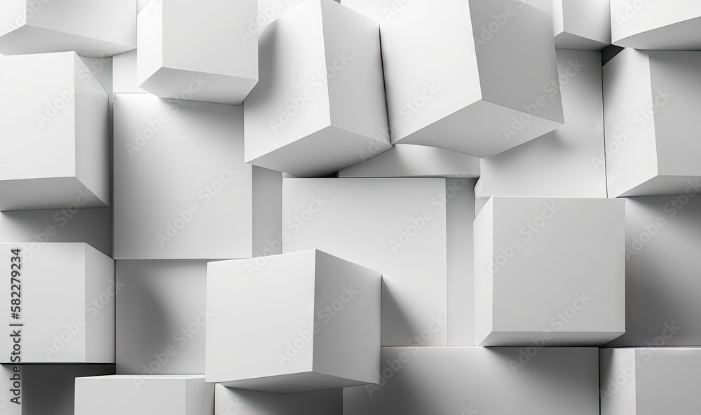 Poster a bunch of white cubes are stacked up in a wall with a shadow on the surface of the cubes and the ba