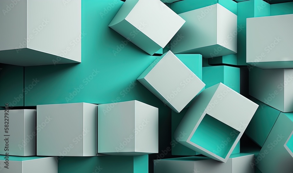 Poster a bunch of cubes are stacked together in a pile on a blue background with a white rectangle in the m