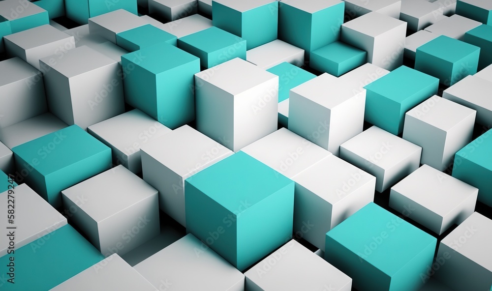 Poster a group of blue and white cubes with a black background and a white one in the middle of the image w