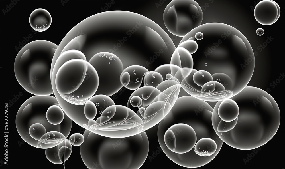 Poster a bunch of bubbles floating in the air on a black background with a black background and a white bac