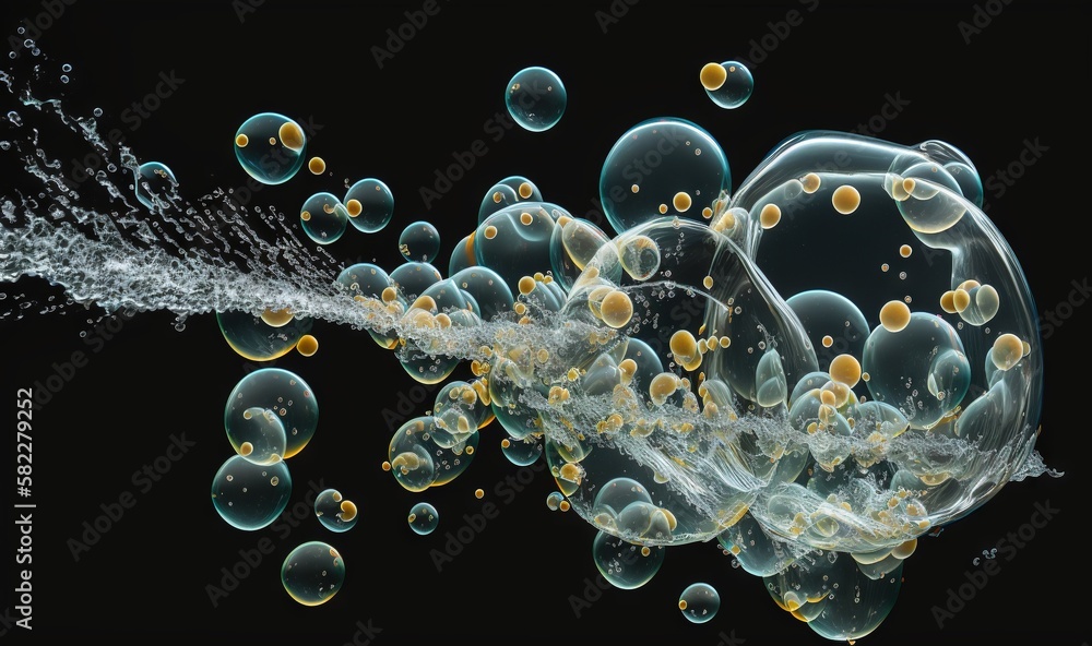 Poster a bunch of bubbles that are floating in the air with a spray of water on top of them and bubbles in 