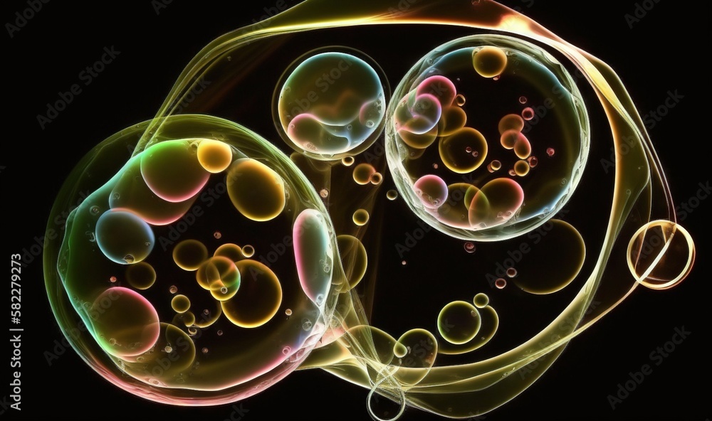 Poster a group of bubbles floating in the air on a black background with a black background and a black bac