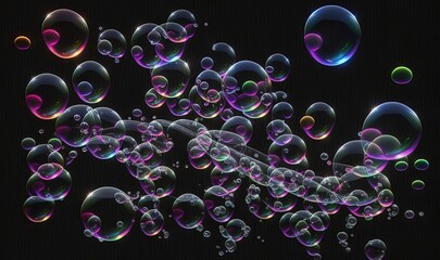  a bunch of soap bubbles floating in the air on a black background with a black background and a black background with a black background and white border.  generative ai
