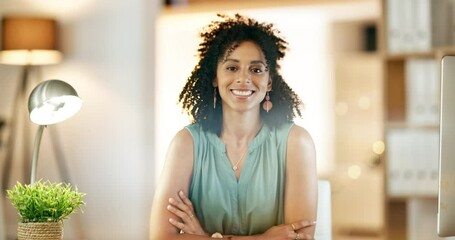 Face, business or woman in office, success or pride with confident employee, motivation or skills. Portrait, happy entrepreneur or manager with smile, positive mindset or achievement in workplace