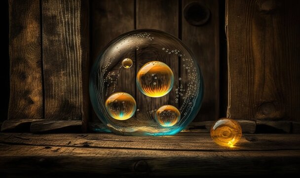  a glass bowl with soap bubbles in it on a wooden table next to a light bulb and a wooden wall with a wooden door in the background.  generative ai