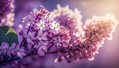 Blooming Lilac flower branches in the shining sunlight. Generative AI.