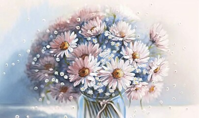  a painting of a bouquet of daisies in a glass vase with water droplets on the glass surface and a blue background with a white background.  generative ai