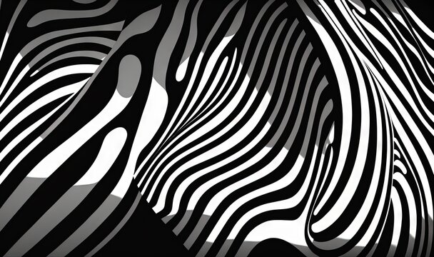  a black and white photo of a zebra print pattern with a shadow of the zebra's head on the left side of the image.  generative ai