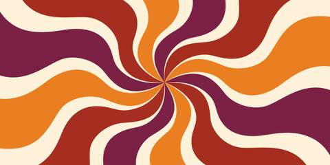 Groovy 70s,background with twisted sunburst.Vector illustration