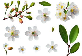 Fototapeta premium Set of white cherry flowers in full bloom, symbol for spring, design elements isolated over a transparent background, top view for your flatlays and scenes - perfect for spring weddings
