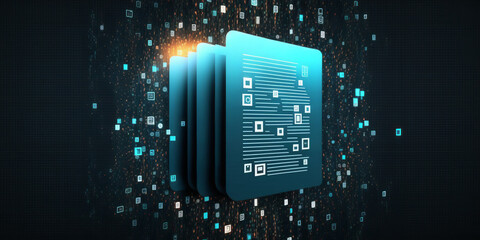 Illustration of a document management system (DMS) with file storage using binary data. technology to manage digital information between several users in corporations or on the internet -Generative AI - obrazy, fototapety, plakaty