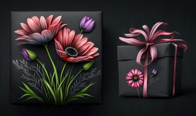  a black box with a pink flower and a purple flower with a pink ribbon and a black box with a pink ribbon and a purple flower with a pink bow.  generative ai