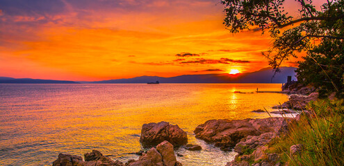 Rijeka resort, Kosterena pebble beach, Croatia, Europe, amazing summer coast, wonderful sunset...
