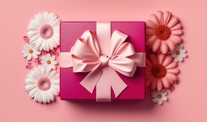  a pink gift box with a pink bow surrounded by daisies and daisies on a pink background with copy space for the wording.  generative ai