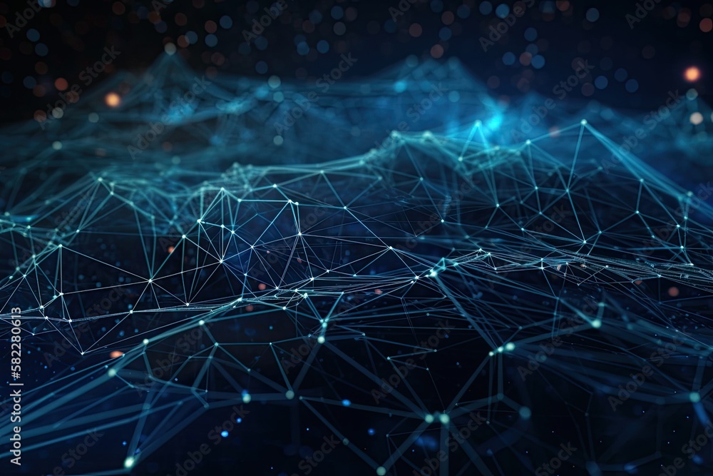 Poster defi decentralized finance on a polygonal abstract background in dark blue. blockchain is a concept 