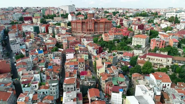 Drone view of Fener-Rum Orthodox College (Turkish: Fener-Rum Lisesi) at Balat District in Istanbul, Turkey