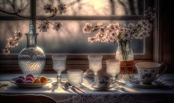  a painting of a table with a vase, cups, and a plate of fruit and a vase with flowers in it on a window sill.  generative ai