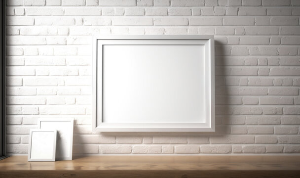  a white frame on a brick wall next to a white vase and a blank picture frame on a wooden table with a white brick wall behind it.  generative ai