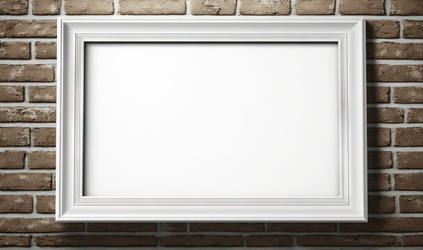  a white frame hanging on a brick wall with a brick wall behind it and a brick wall behind it with a white frame hanging on a brick wall.  generative ai