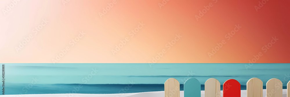 Wall mural modern and minimalistic summer scene with a colorful fence on the beach for header or banner on soci