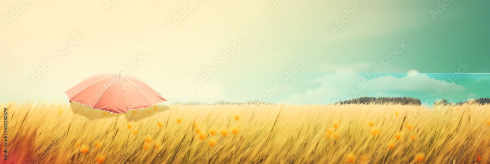 Canvas Prints modern and minimalistic summer scene with a red parasol in a cornfield for header or banner on socia