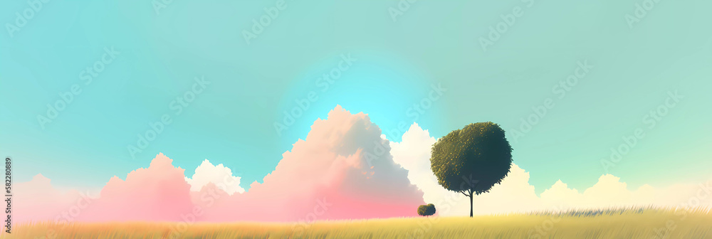 Wall mural modern and minimalistic summer scene with a lonely tree on a hilly meadow for header or banner on so