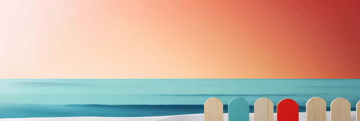 modern and minimalistic summer scene with a colorful fence on the beach for header or banner on social media, generative ai