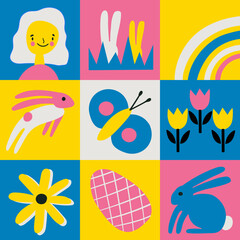 Easter square set of hand drawn elements. Hand drawn abstract flowers, birds, easter bunnies, sun, egg, woman happy face. Graphic, simple, minimal hand drawn illustration.