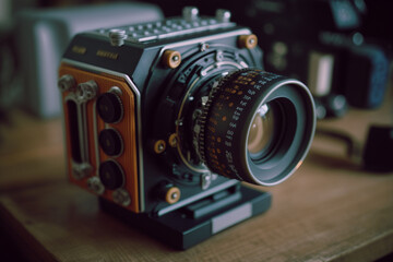 An old-fashioned photo camera, reminiscent of days gone by and the joy of capturing moments in time. Ai generated.