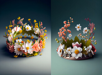 Beautiful floral crown made from spring flowers, collection.