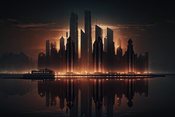 Gleaming Skyscrapers Illuminate the Nighttime Skyline of a Modern City, Generative AI