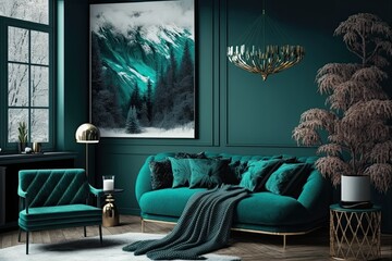 Inviting Teal Winter House Retreat: Refresh Your Home with Mountain-Inspired Mid Century Modern Luxury Interior Decor and Furniture, Generative AI