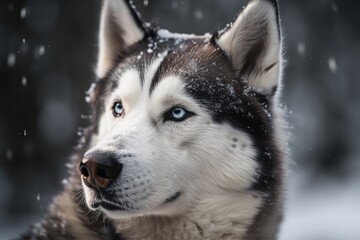 Naklejka premium a close up of a Siberian husky breed dog's head against a hazy background. Generative AI
