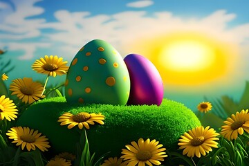 Two large Easter eggs in a sunny garden. AI-Generated