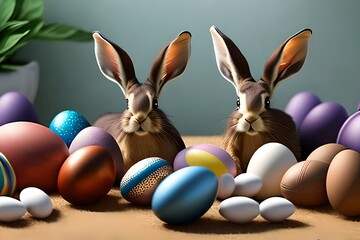 Easter bunnies sitting with colourful Easter eggs. AI-Generated