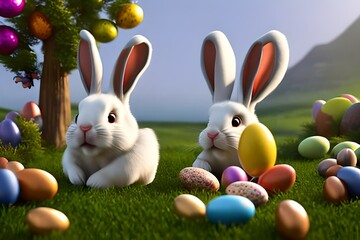 Easter bunnies sitting with colourful Easter eggs. AI-Generated