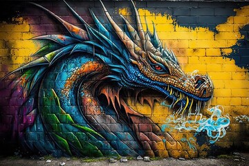 Mystical Art of Ancient Dragons on the Streets of the City: Colorful Abstract Graffiti on a Wall: Generative AI