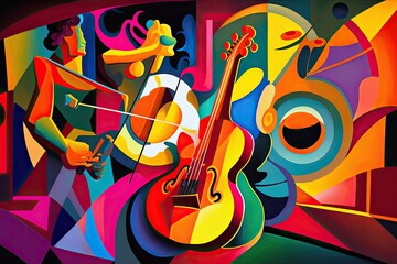 Urban Nightlife Celebrated in a Modern Art Painting: Bright Vibrant Music and Gig Band on a Musical Stage: Generative AI
