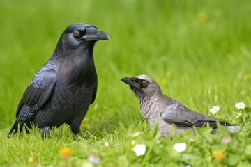 Fototapeta premium young jackdaw with black crow Blue eyed Corvus monedula in Klushof Bremerhaven, Germany, resting on green grass and against a green backdrop. Generative AI
