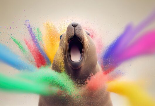 Walrus Rainbow Multi Color Splash In Chic Style Generative AI