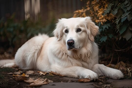 lonesome crossbred lonely sad white cute chubby puppy with long hair Beautiful Golden Retriever dog photos lying outdoors in a backyard waiting for their owner companion to go for a walk. Generative