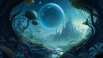 Obraz na płótnie Canvas An alien world with strange and unique flora and fauna, with intricate details visible in the environment. Generative AI
