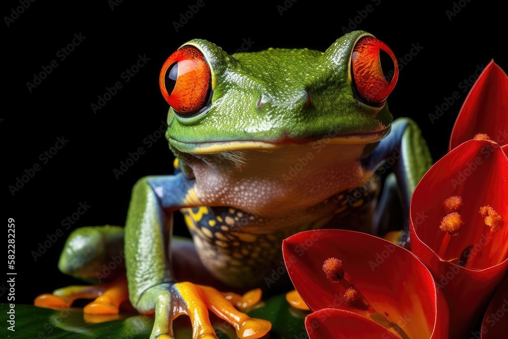 Aufkleber tree frog with red eyes resting on a flower. generative ai