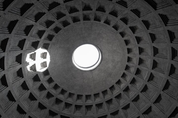 Light shining through skylight  in domed roof of the Pantheon in Rome, Italy