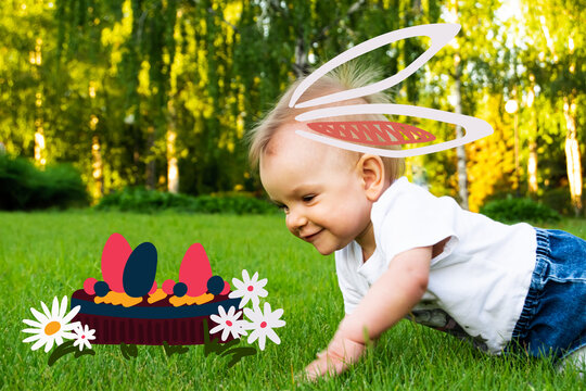 A small child with painted bunny ears crawls through the grass for the Easter Hornazo Simnel Cake. collage made of shots and hand drawing