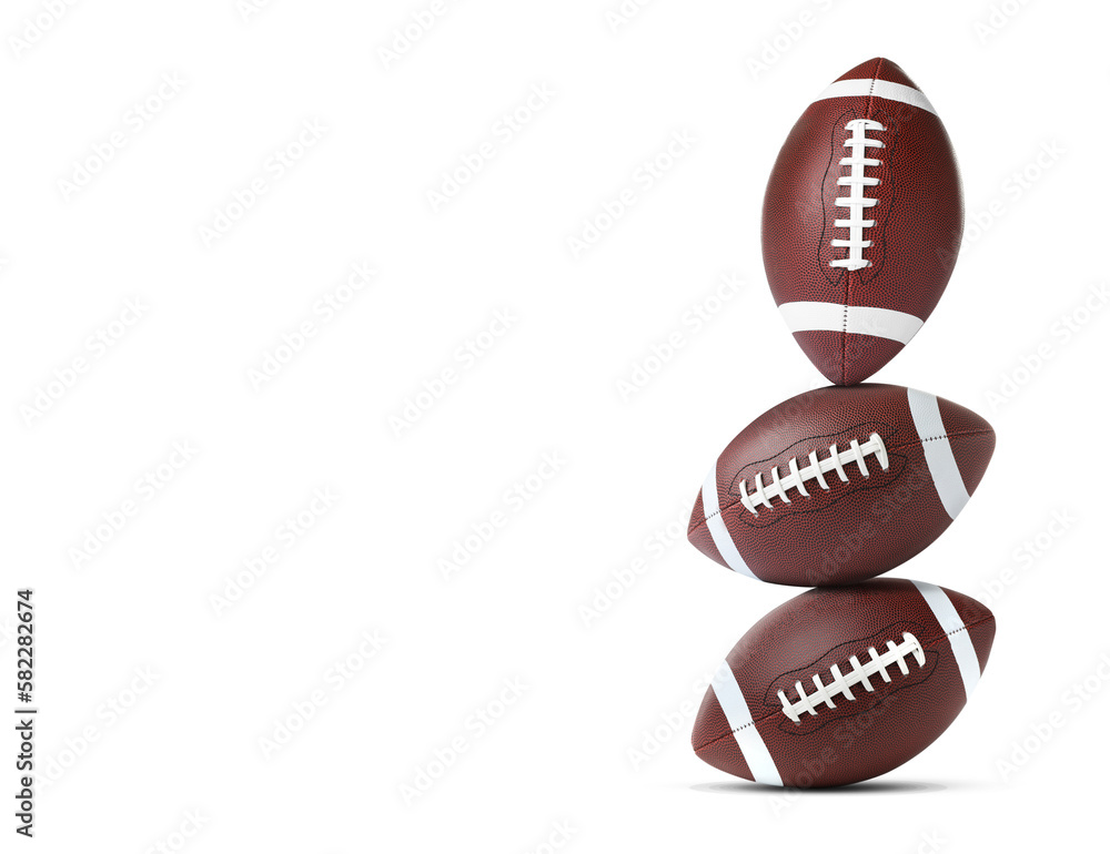 Poster Stack of American football balls on white background. Space for text